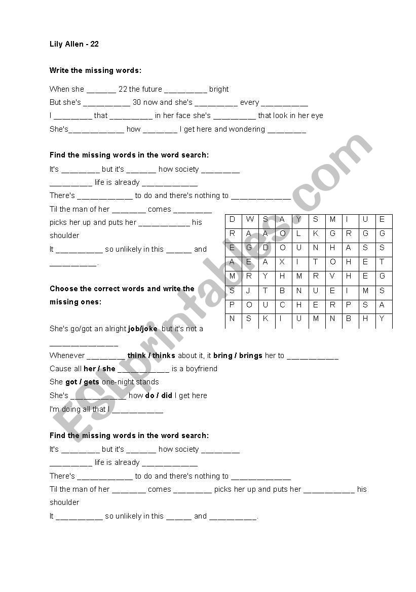 22 - Lily Allen worksheet
