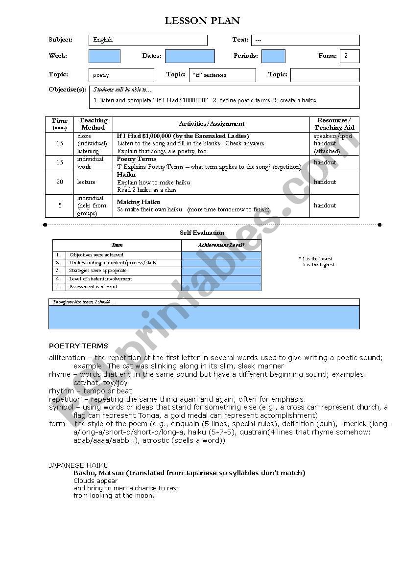 worksheet and lesson plan: poetry intro (haiku, song, conditionals)