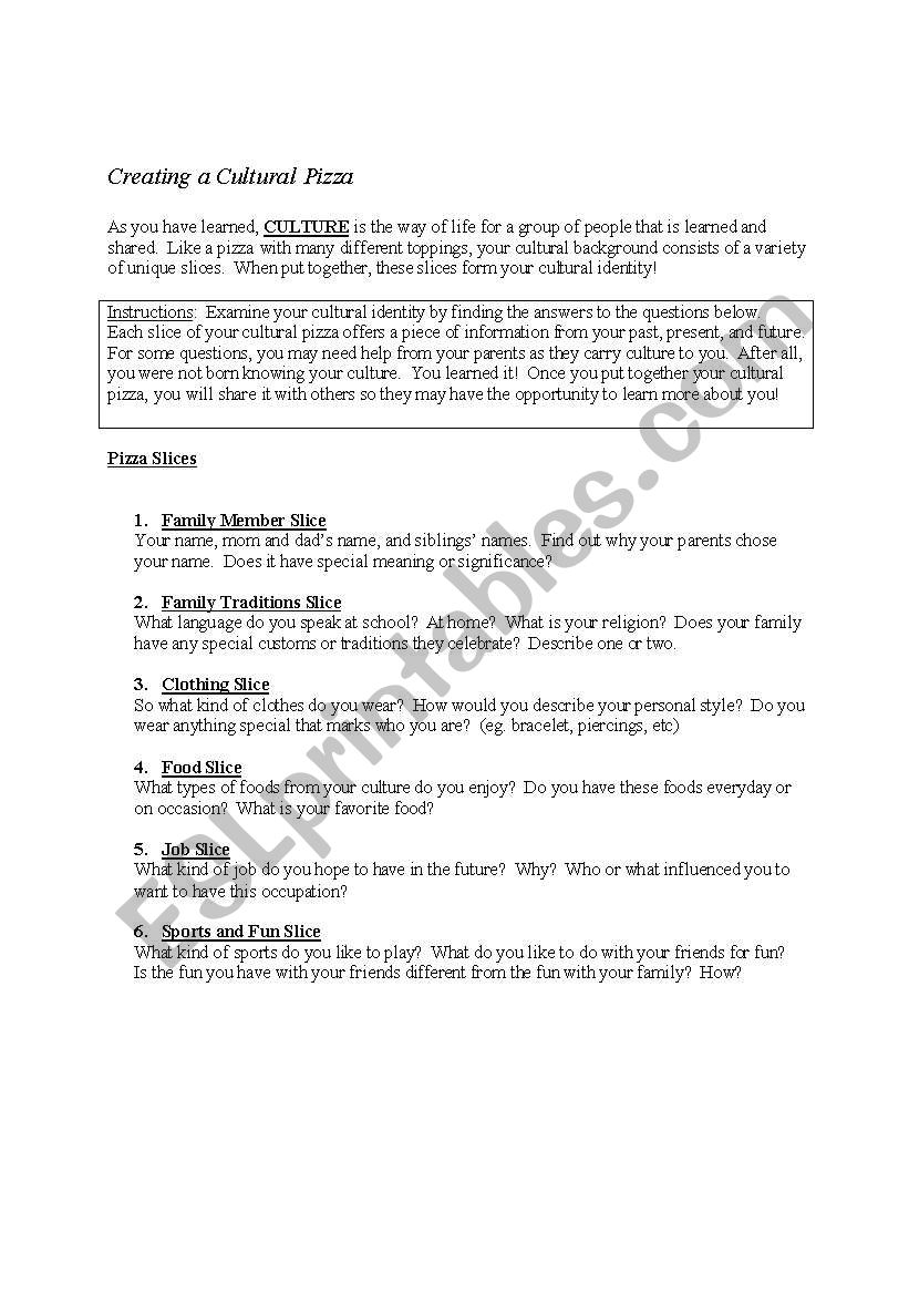Creating a Cultural Pizza worksheet