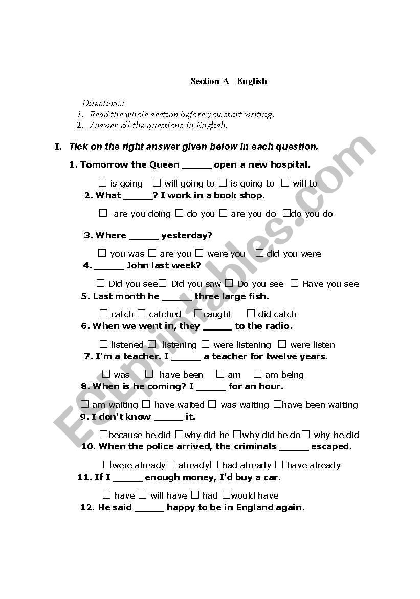 grammar test worksheet