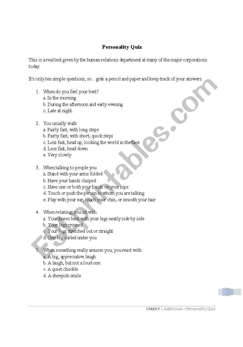 Personality Quiz worksheet