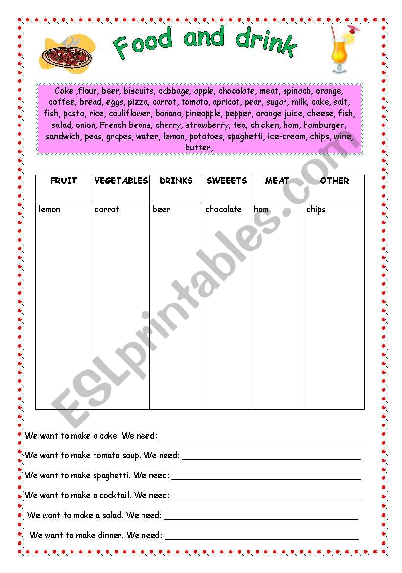 Food and drink worksheet