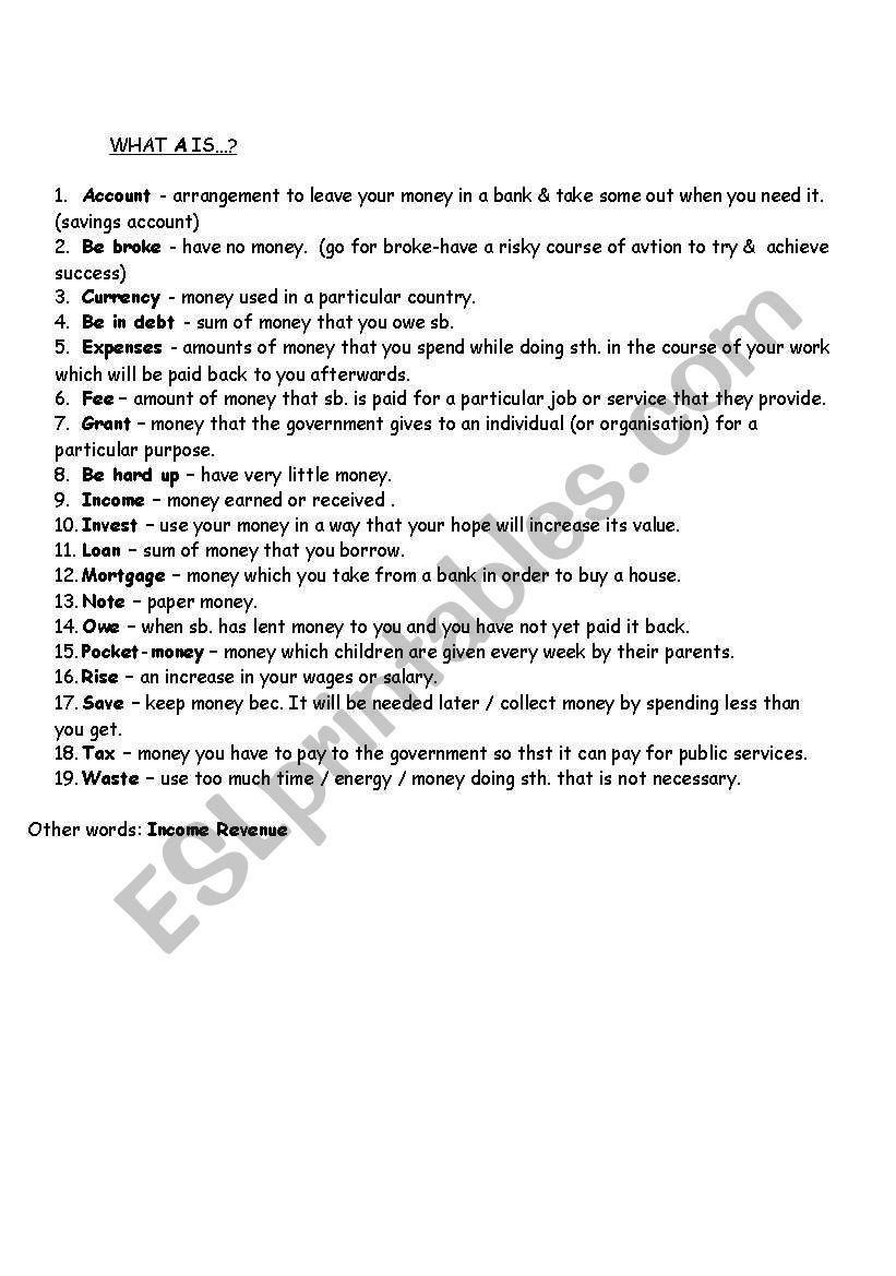 money worksheet