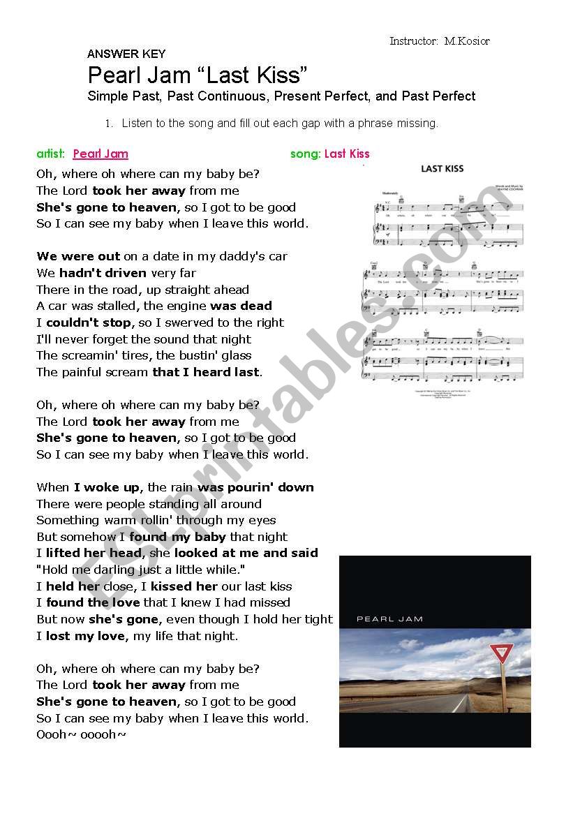 Last Kiss Lyrics - Pearl Jam general…: English ESL worksheets pdf