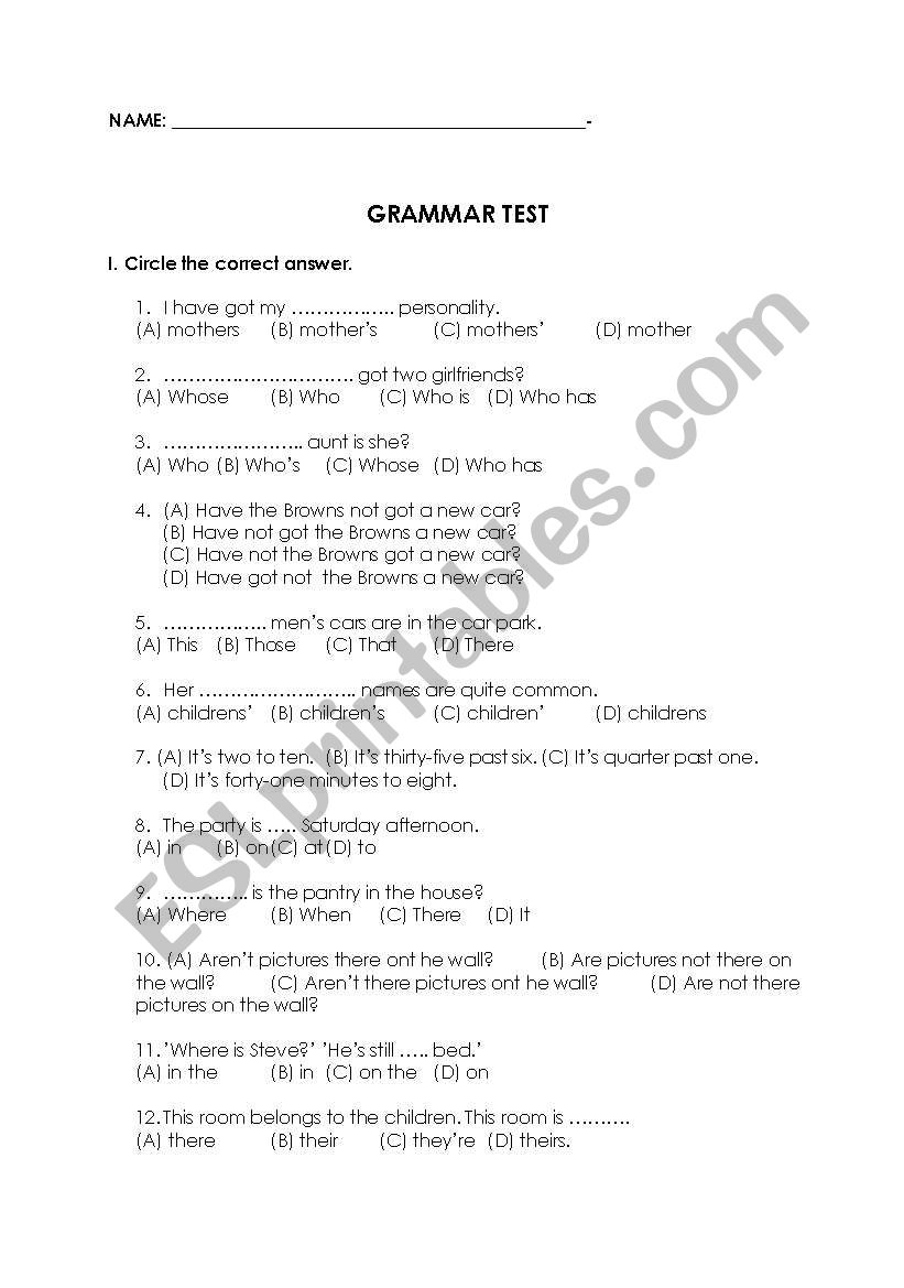 Grammar test worksheet