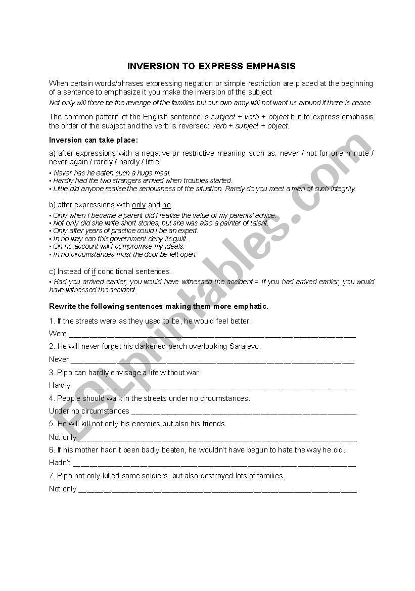 Inversion of the subject worksheet