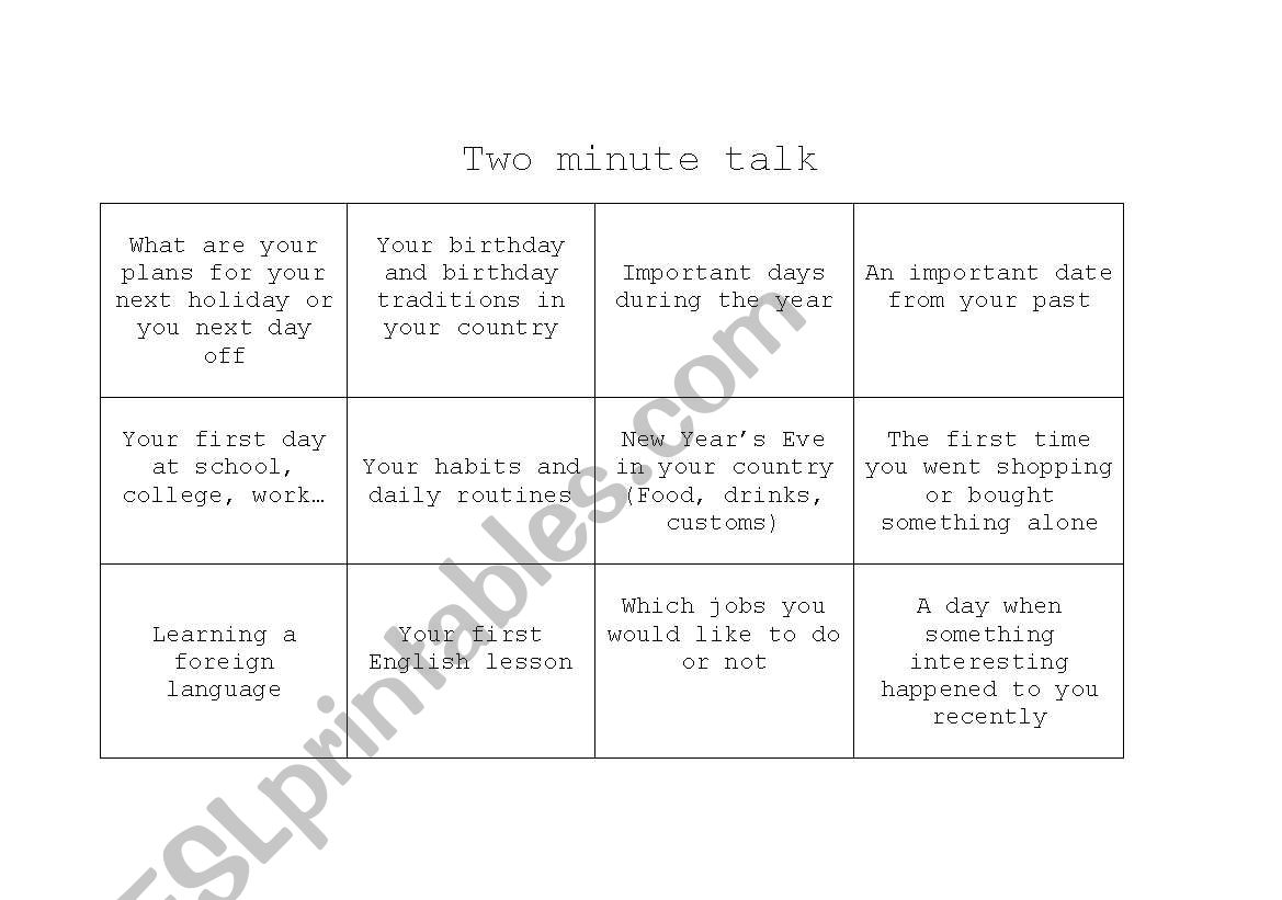 Two minute talk worksheet