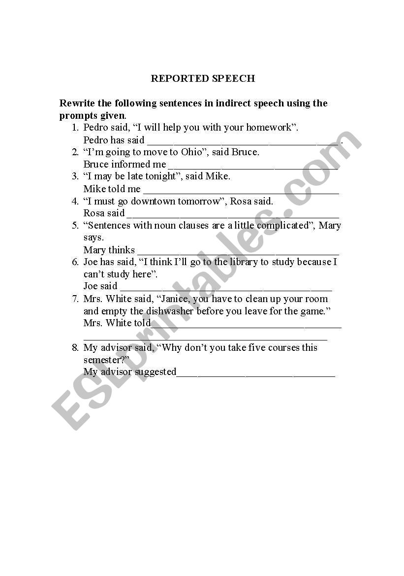 Reported Speech practice worksheet