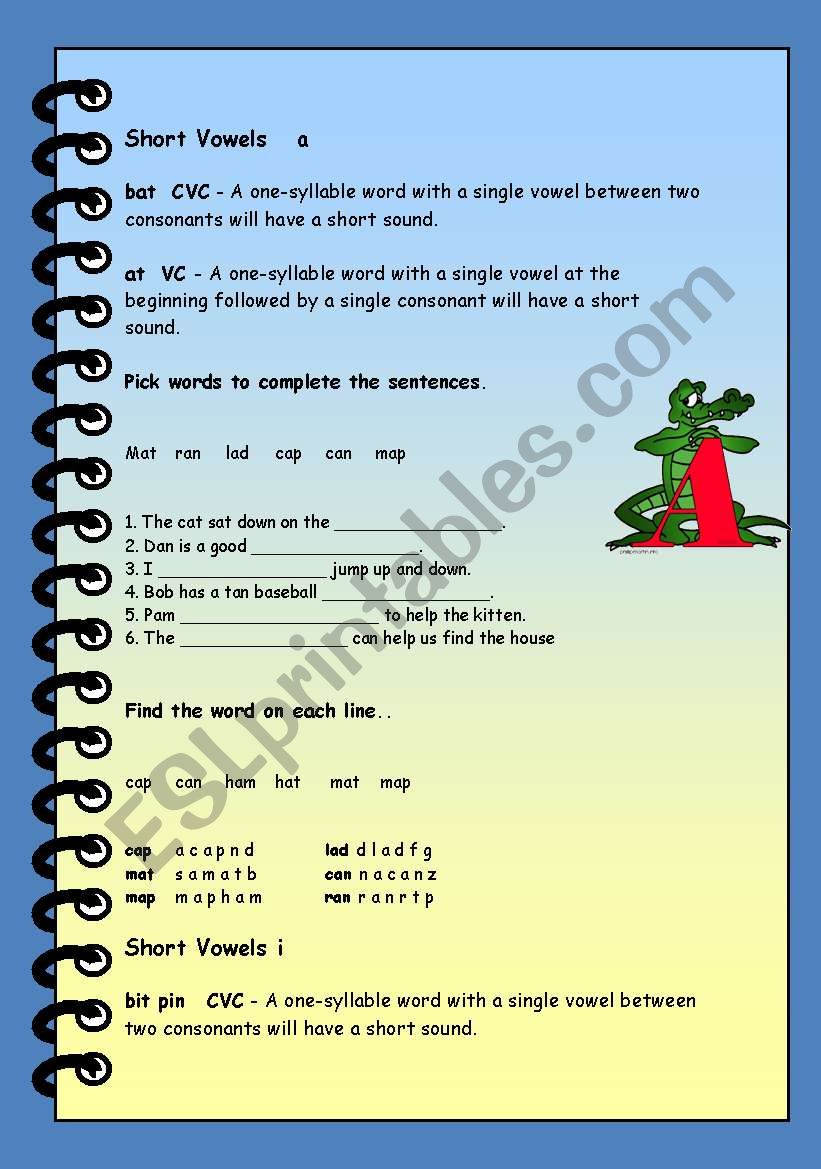 SHORT VOWELS 5pages with key worksheet
