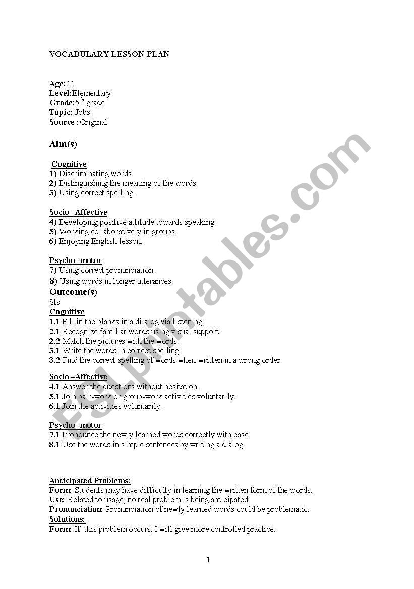 vocabulary lesson plan worksheet