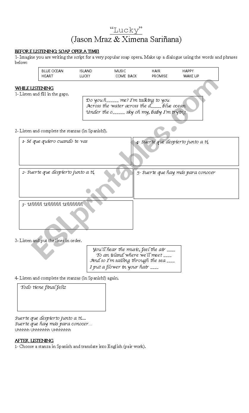 Lucky (Jason Mraz) worksheet