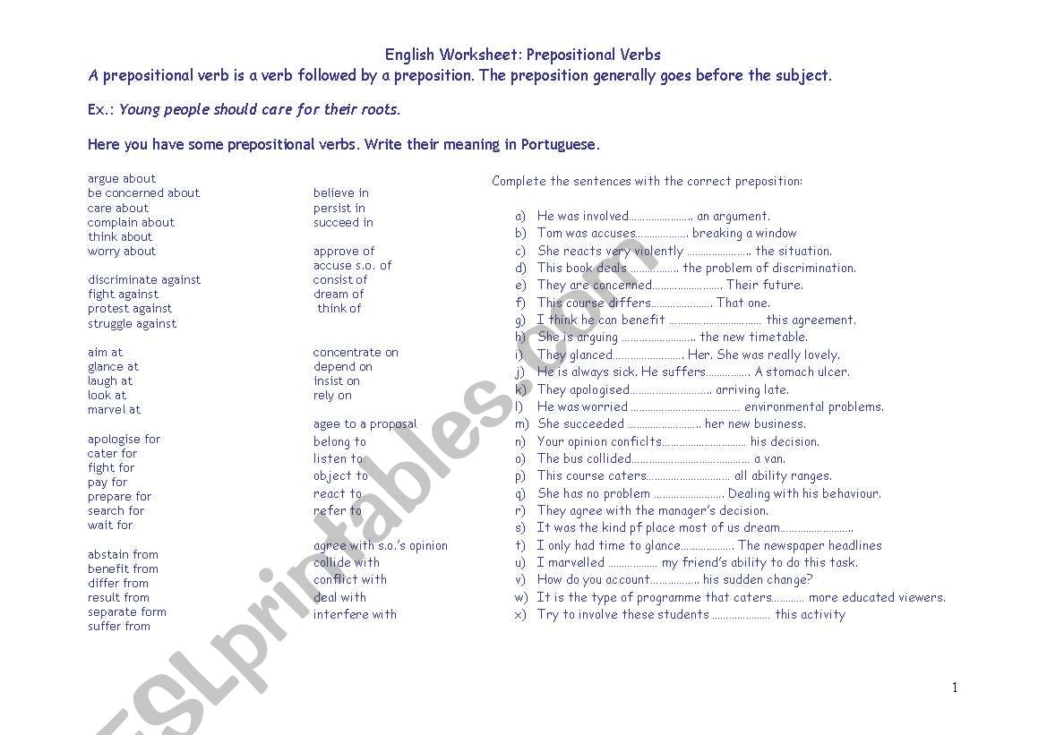 Prepositional verbs worksheet