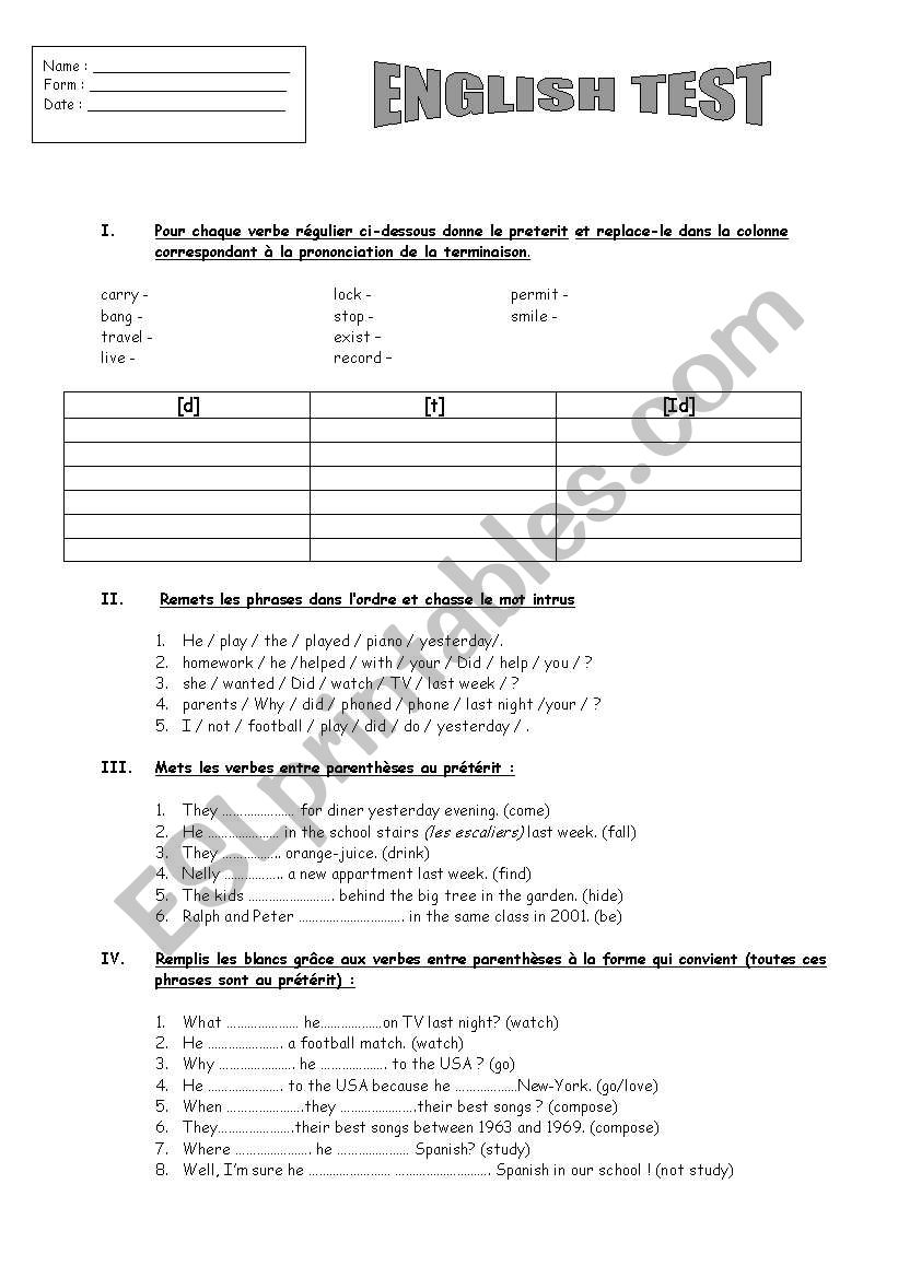 past simple test worksheet