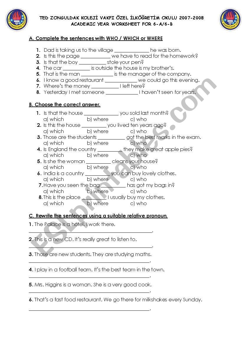 relative pronouns worksheet