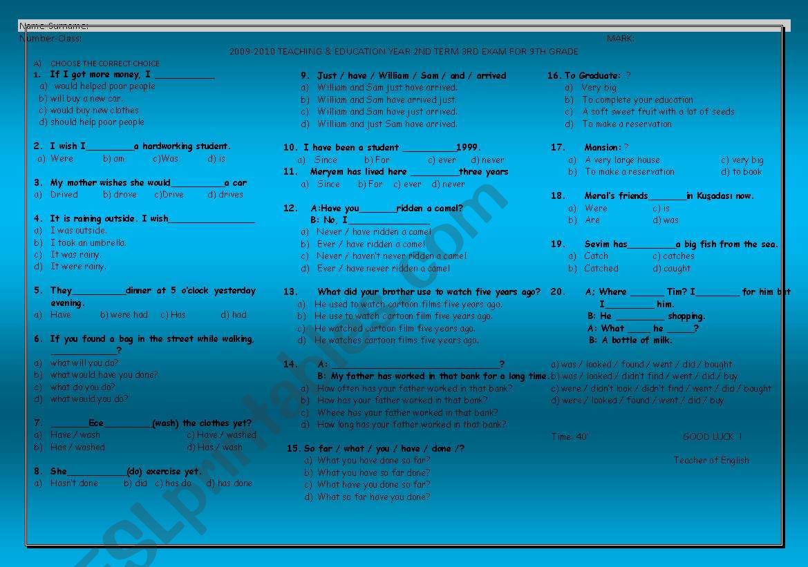 test for elementary stds worksheet