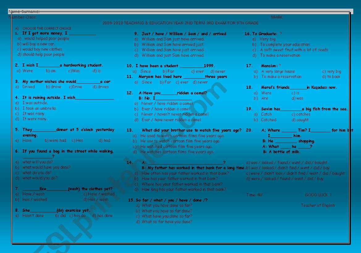 test for elementary stds worksheet