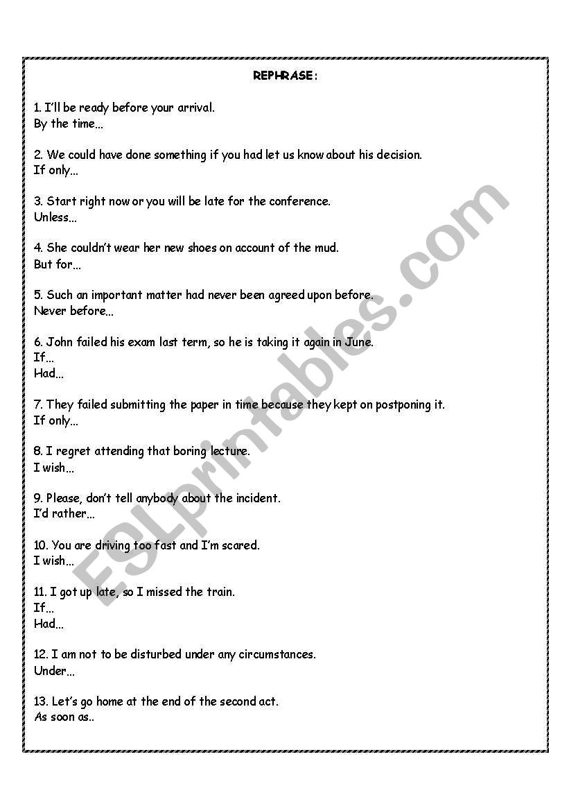 rephrasing exercises worksheet