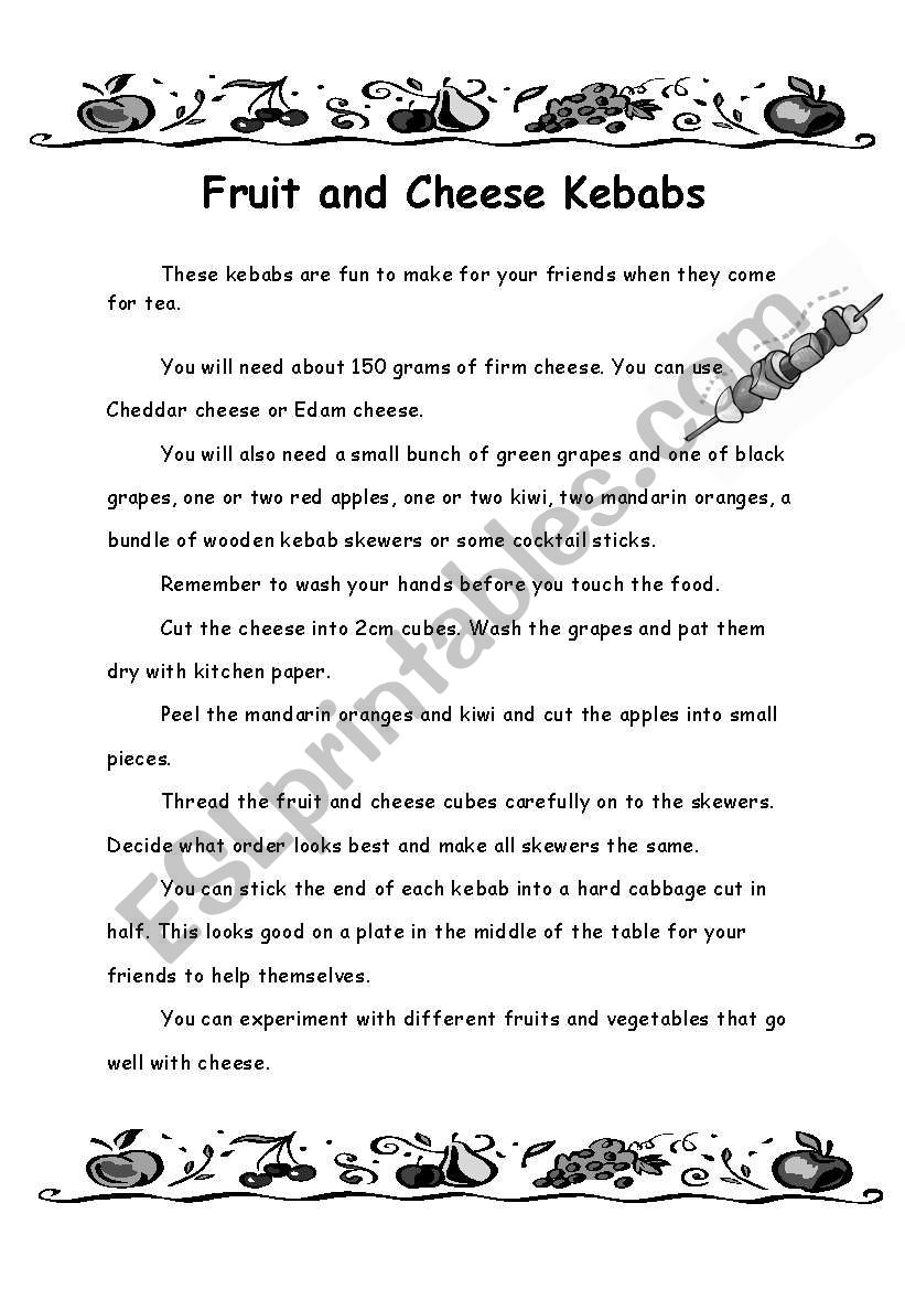food and cheese kebabs comprehension