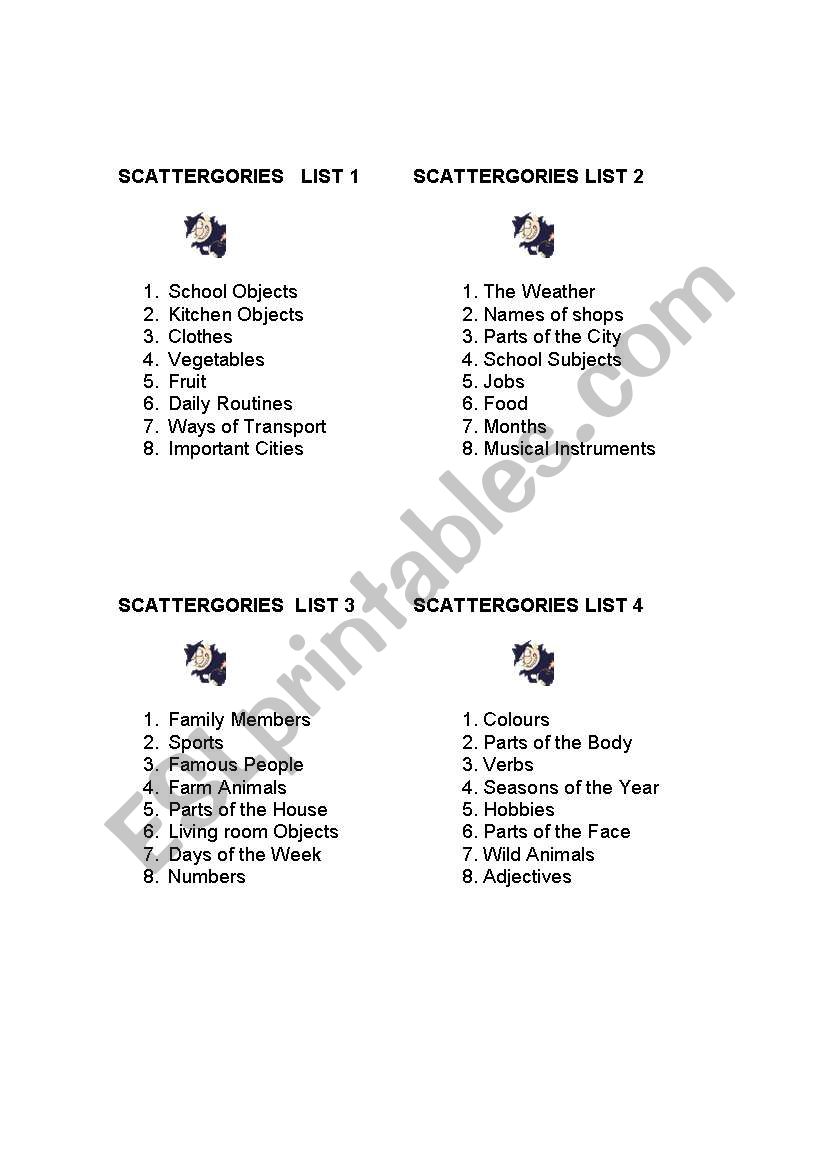 CATERGORIES worksheet