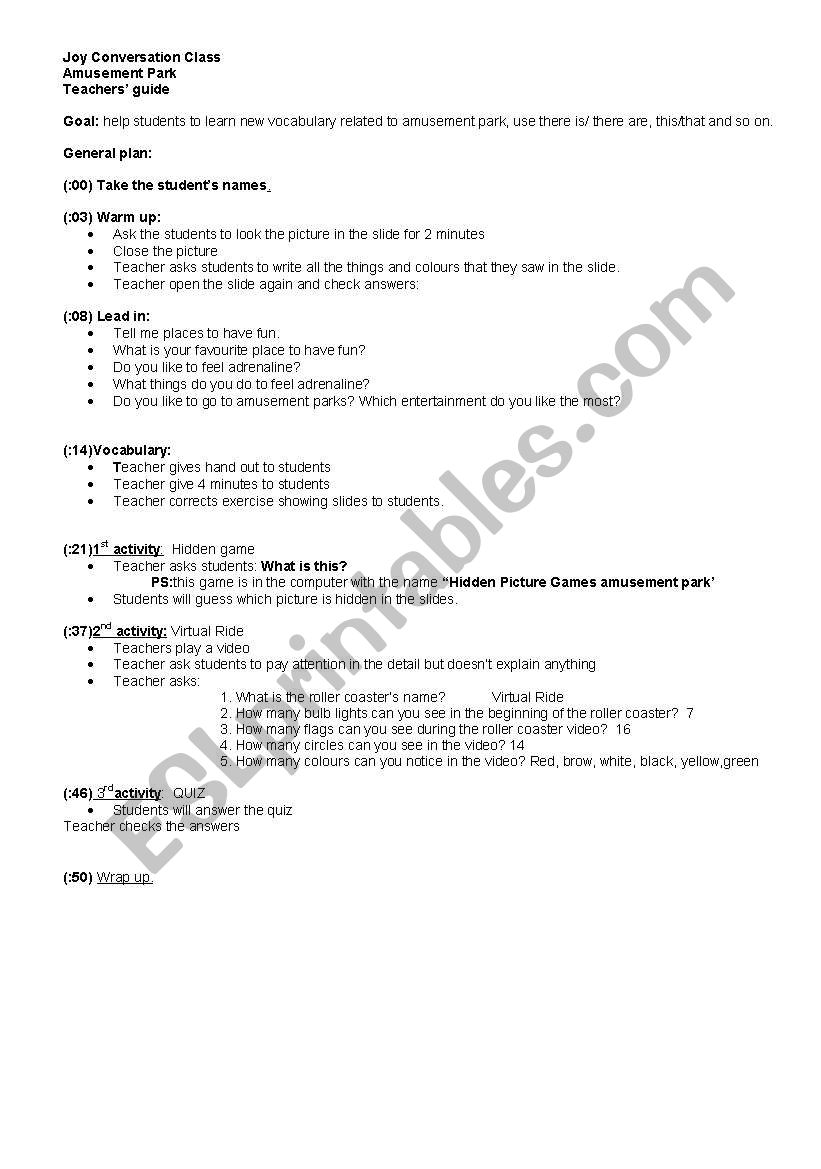 amusement park worksheet