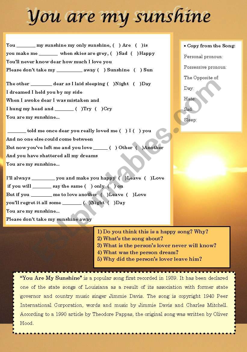 Song - You are my Sunshine worksheet