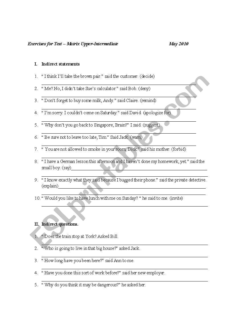 RrEPORTED SPEECH worksheet