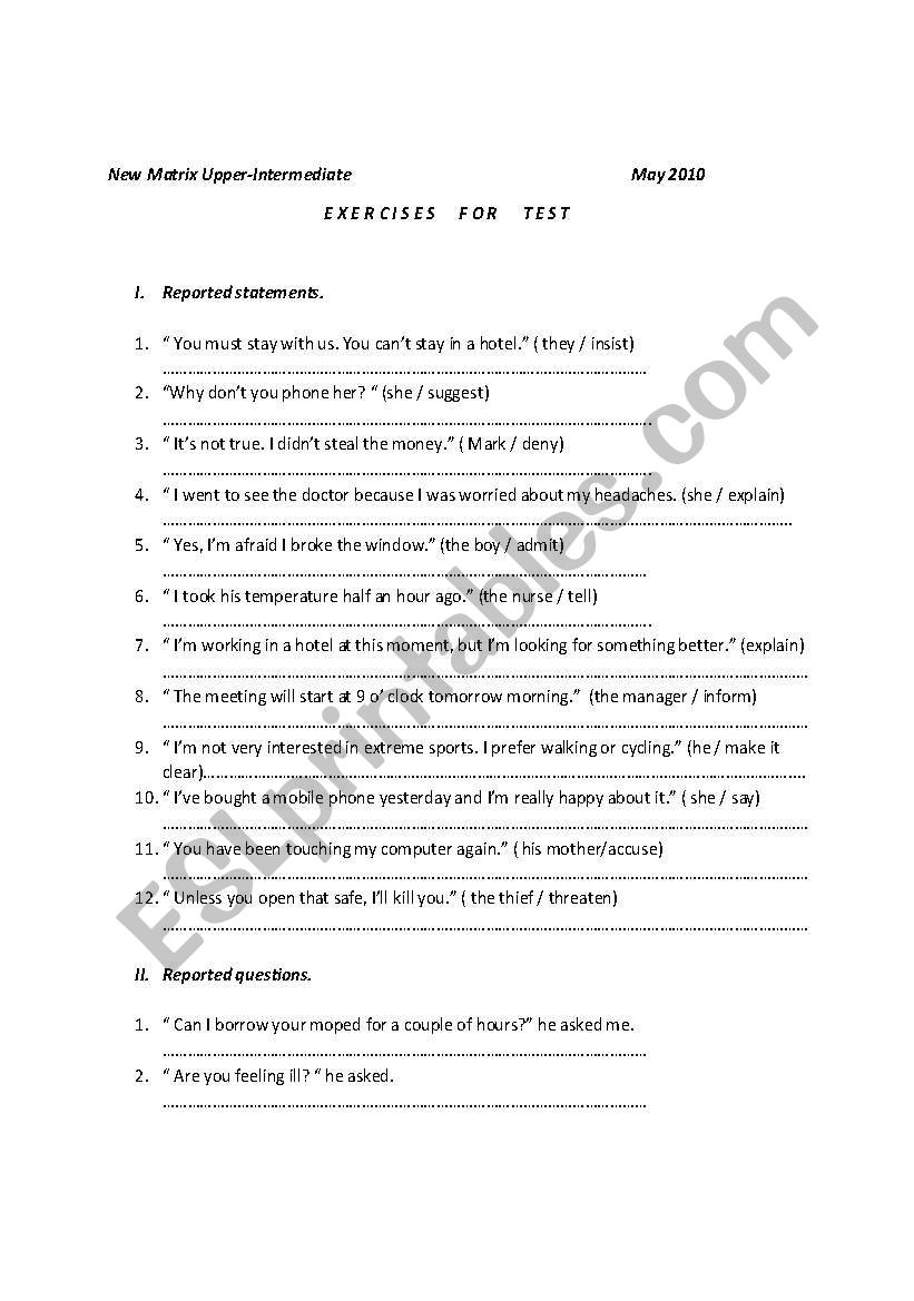 reported speech worksheet