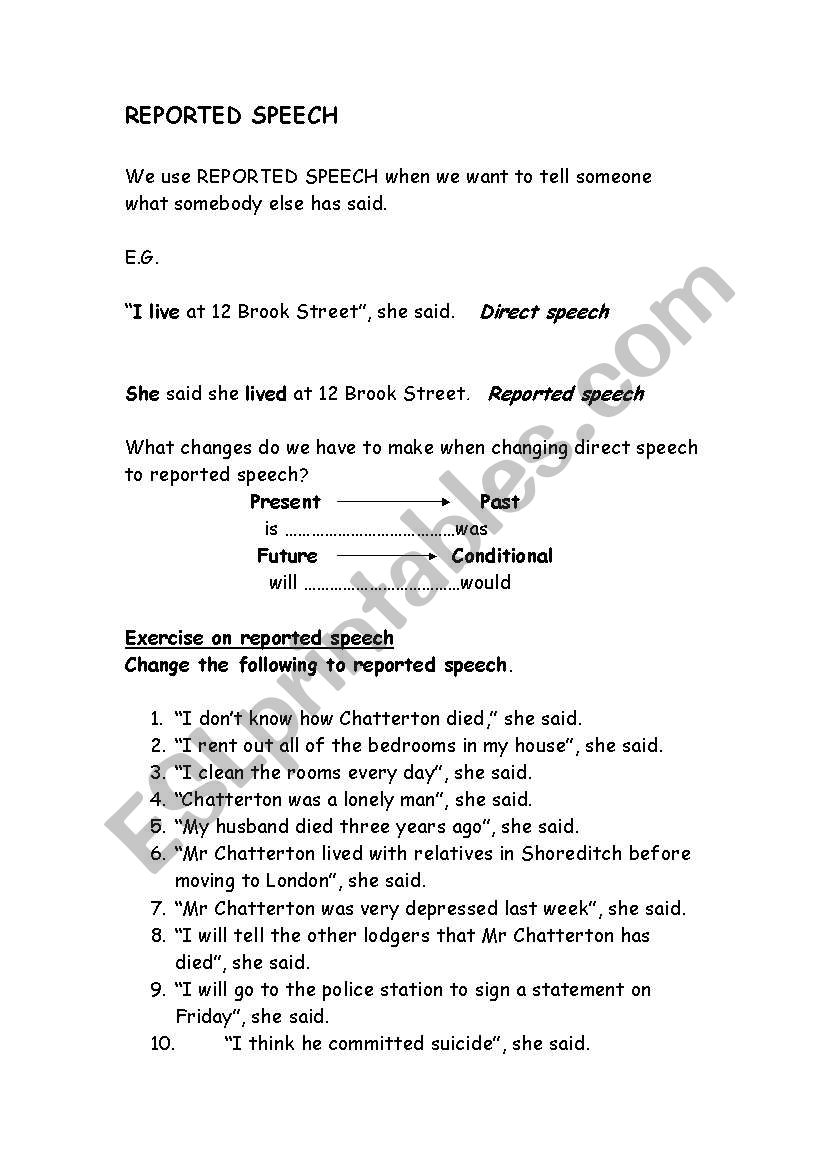 Reported Speech worksheet