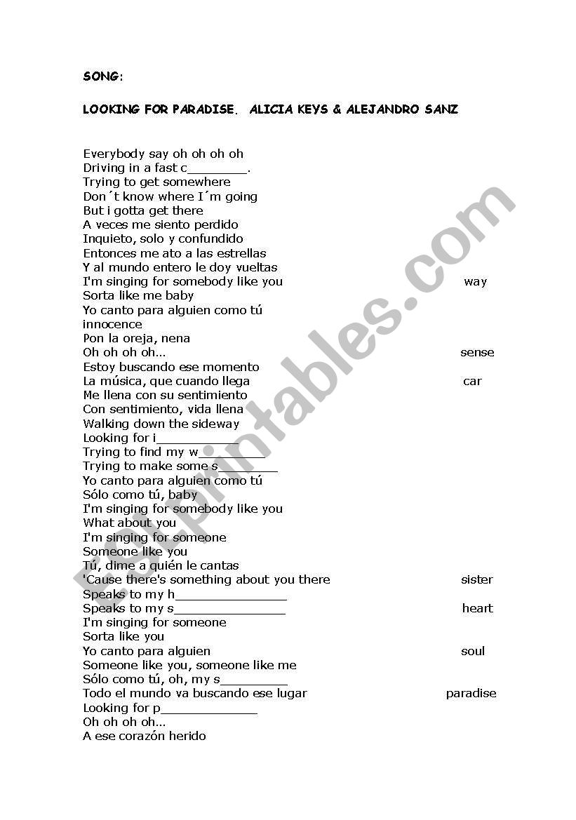 Song : Looking for Paradise worksheet