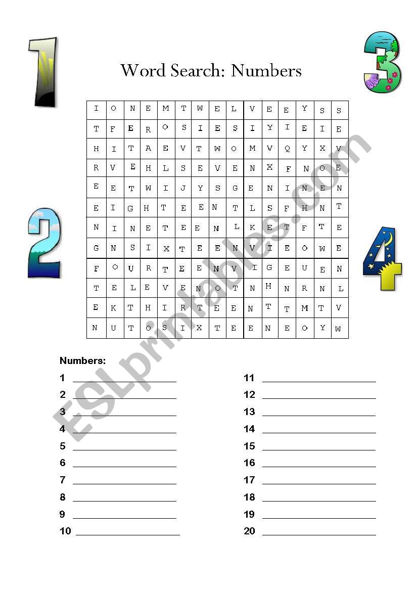 Word search numbers worksheet