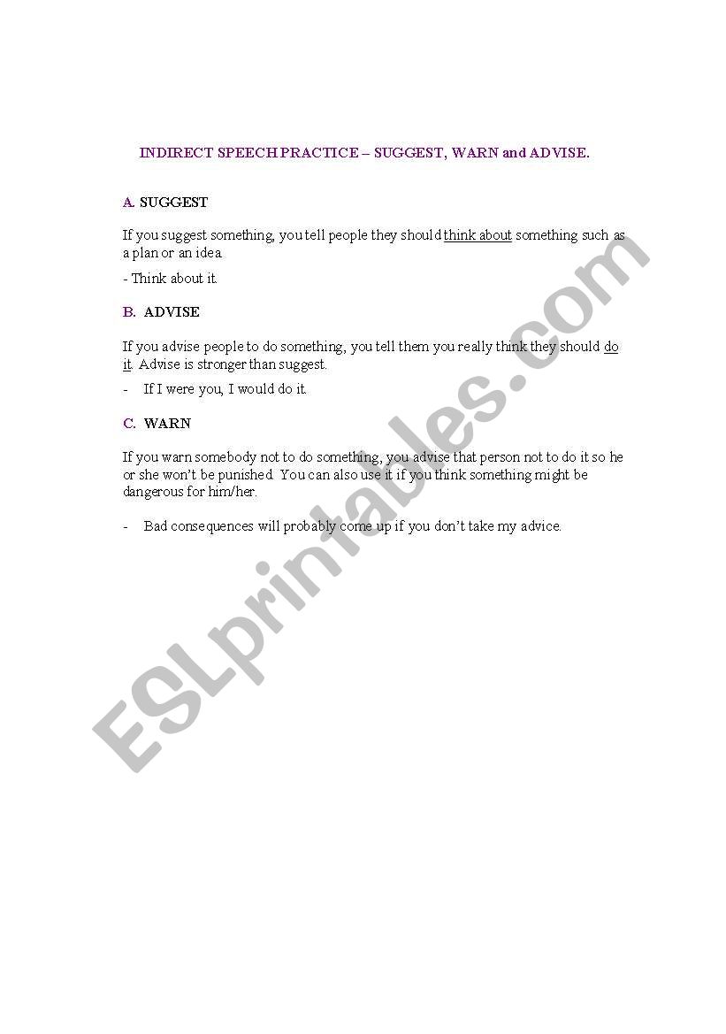 Indirect Speech Practice worksheet