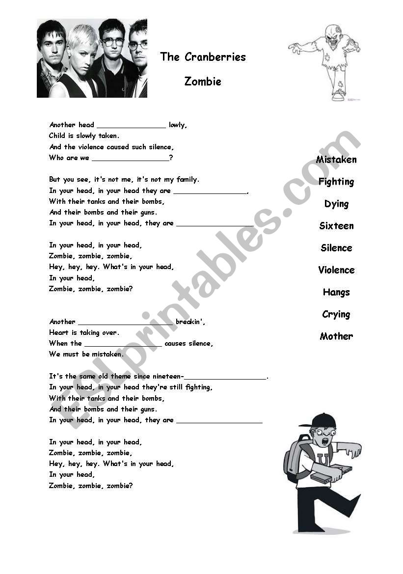 Zombie Lyrics by The Cranberries - ESL worksheet by jonnyc81