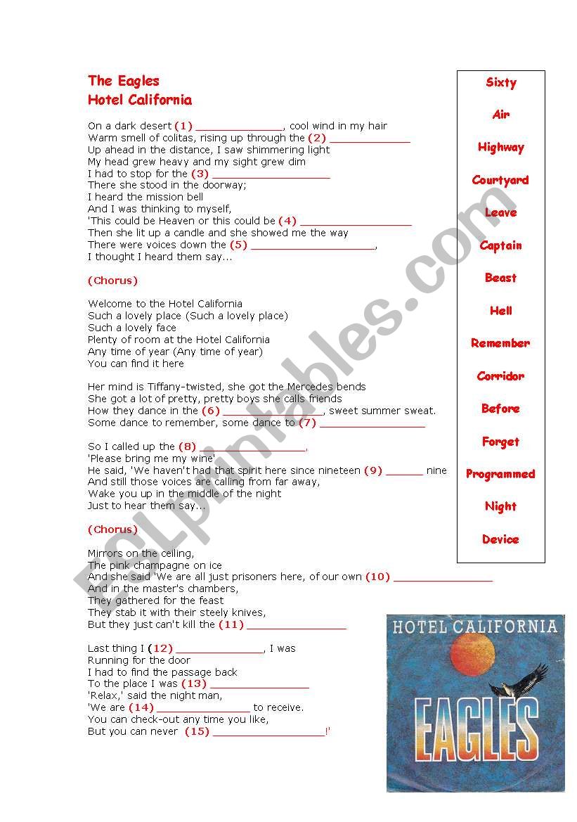 Hotel California Lyrics By The Eagles Esl Worksheet By Jonnyc81
