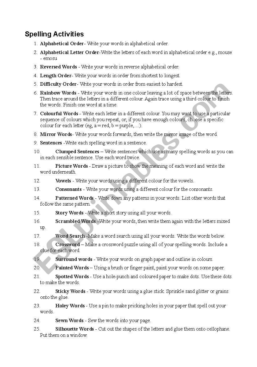 Spelling Activities and ideas worksheet