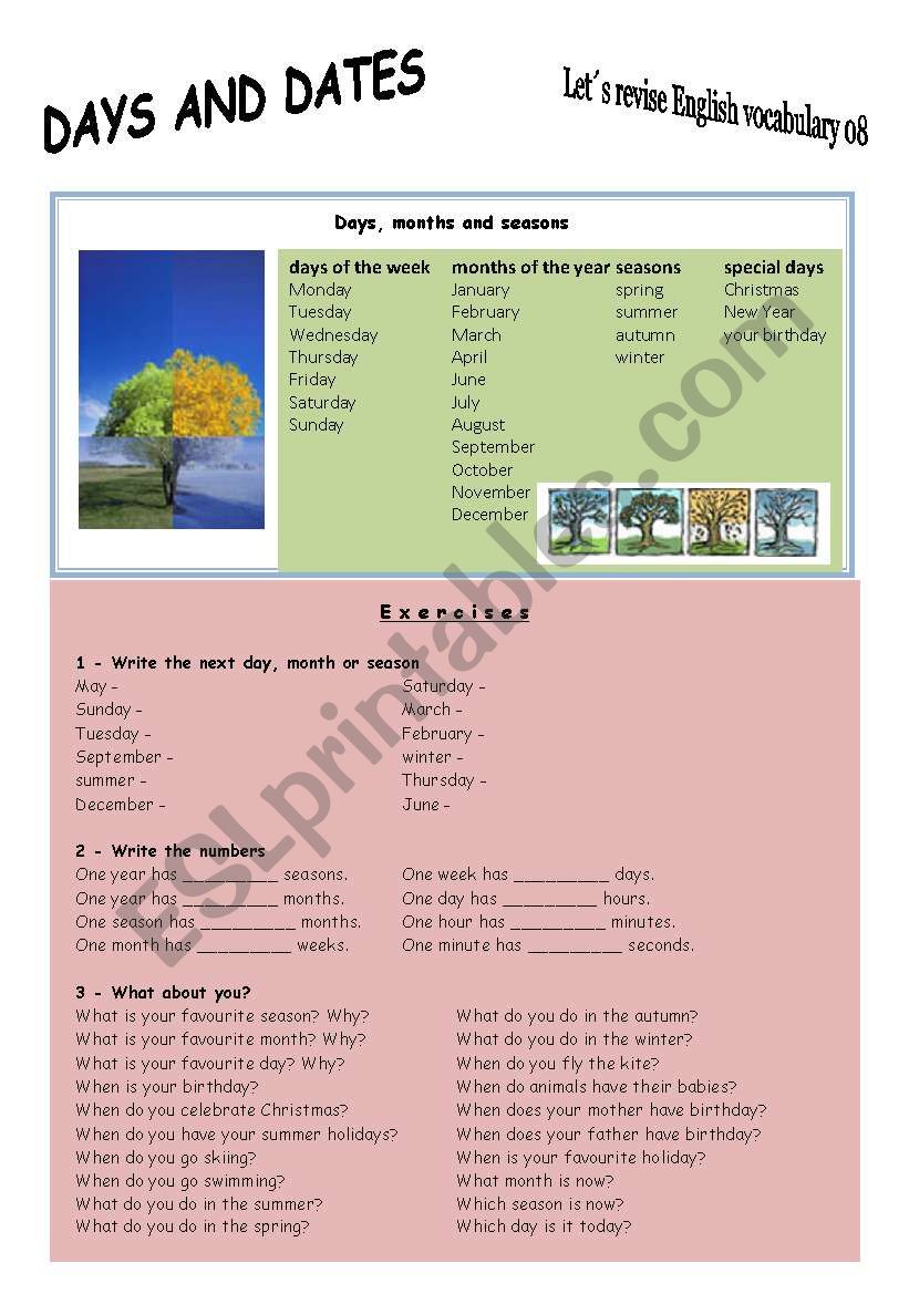 Vocabulary revision 08 - Days and dates