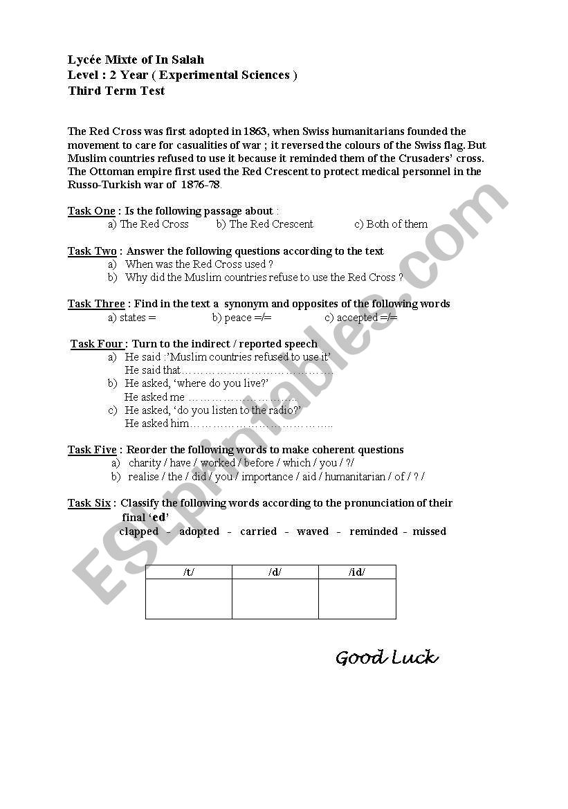  test sample  worksheet