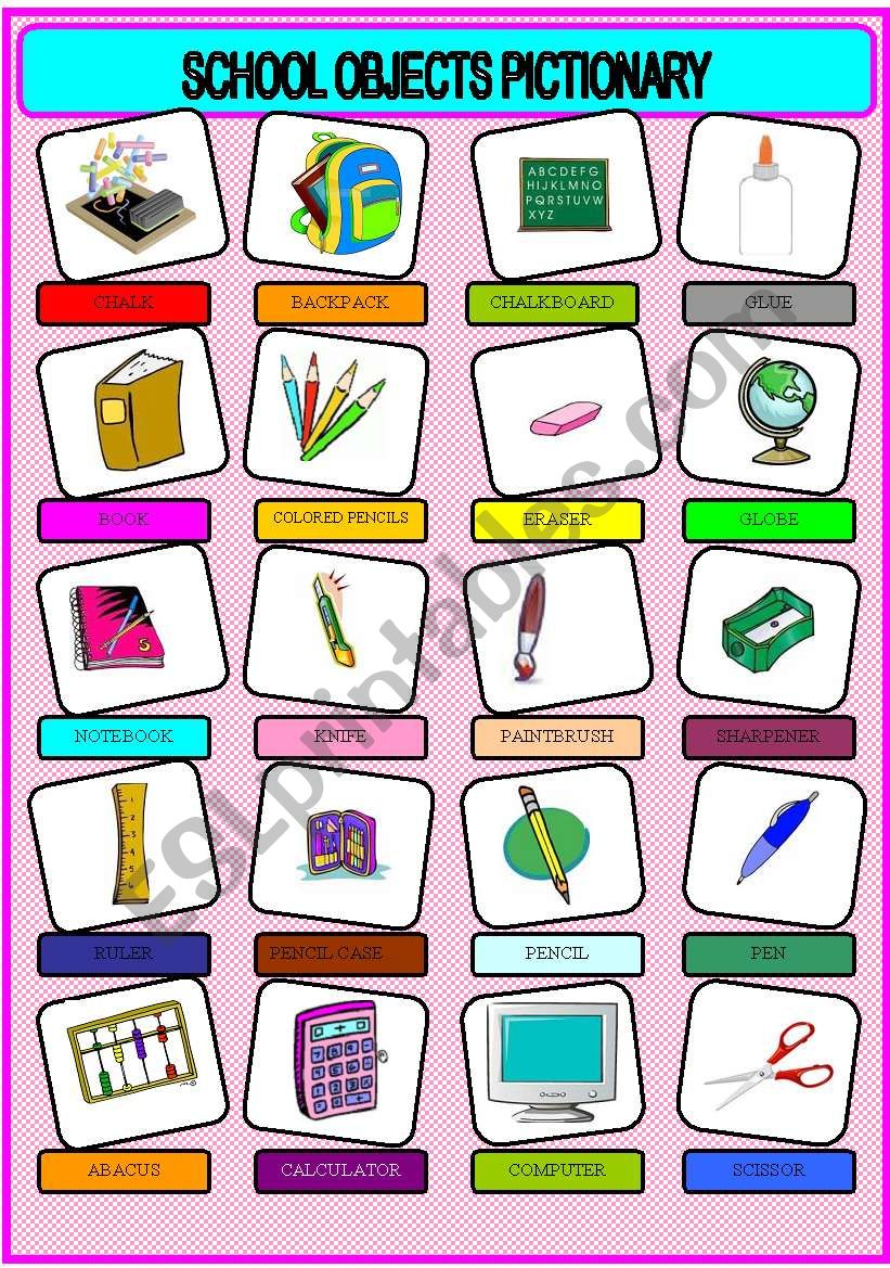 SCHOOL OBJECTS PICTIONARY worksheet