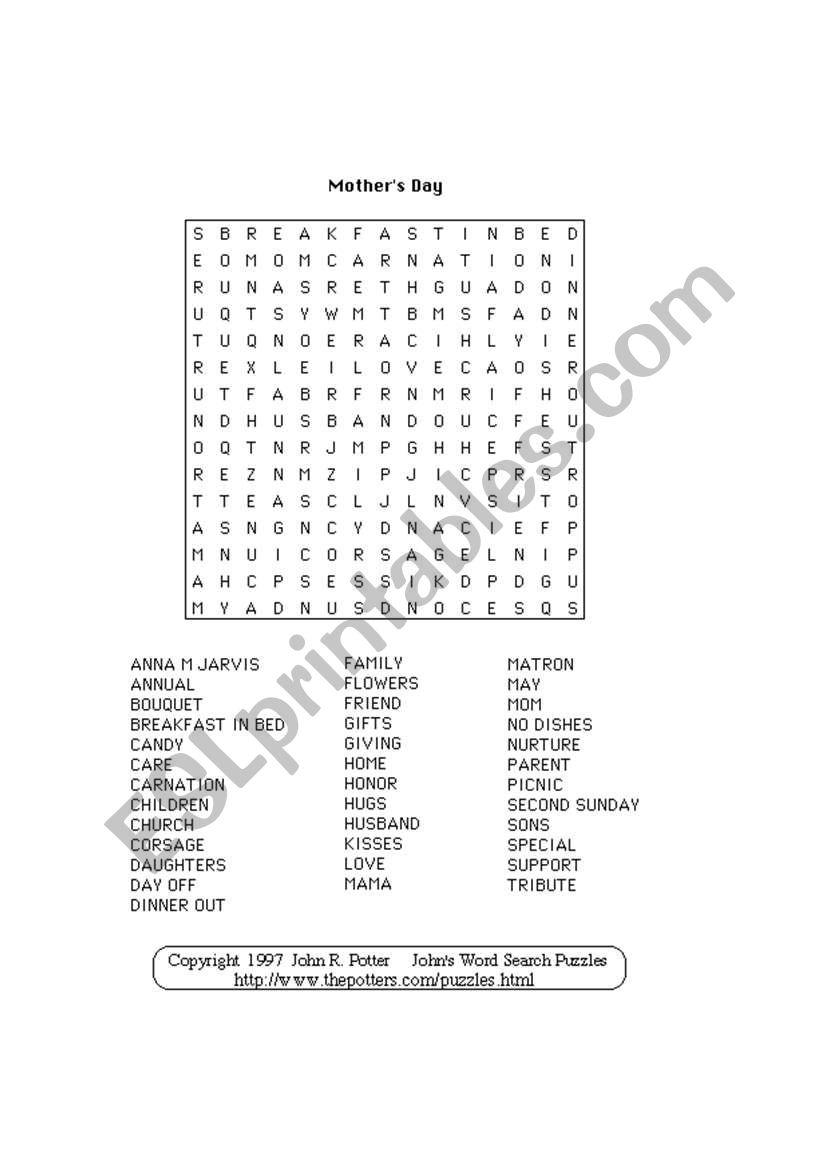 Word Serach on Mothers Day worksheet