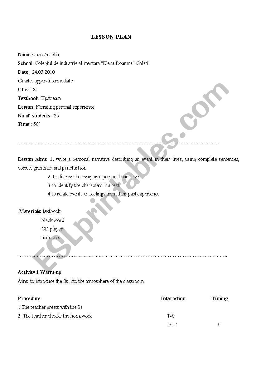 Narrating personal experience worksheet