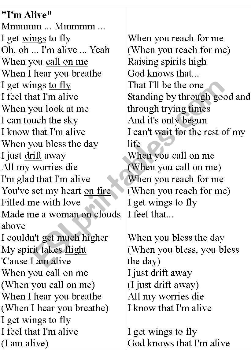 IM ALIVE BY CELINE DION worksheet