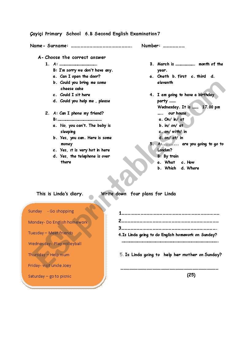 exam 6th  worksheet