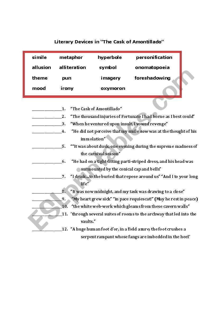Literary Devices in "The Cask of Amontillado" - ESL worksheet by With The Cask Of Amontillado Worksheet