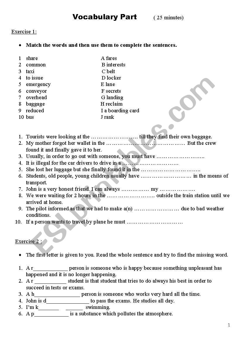 Vocabulary part worksheet