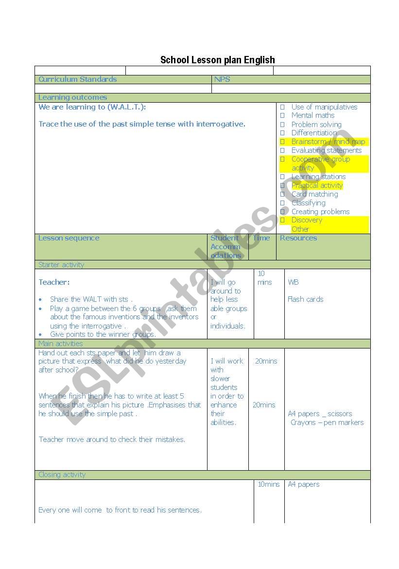 lesson plan worksheet