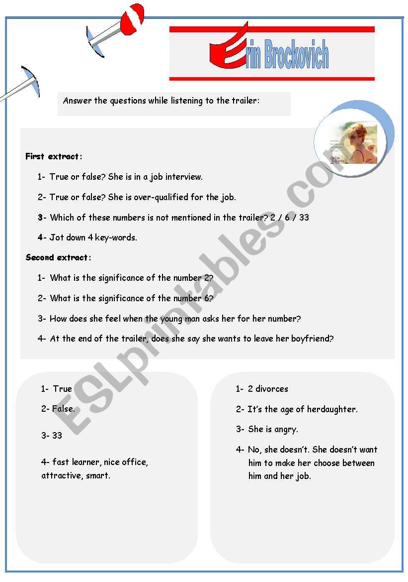 ERIN BROCKOVICH - TRAILER (listening comprehension). With key.