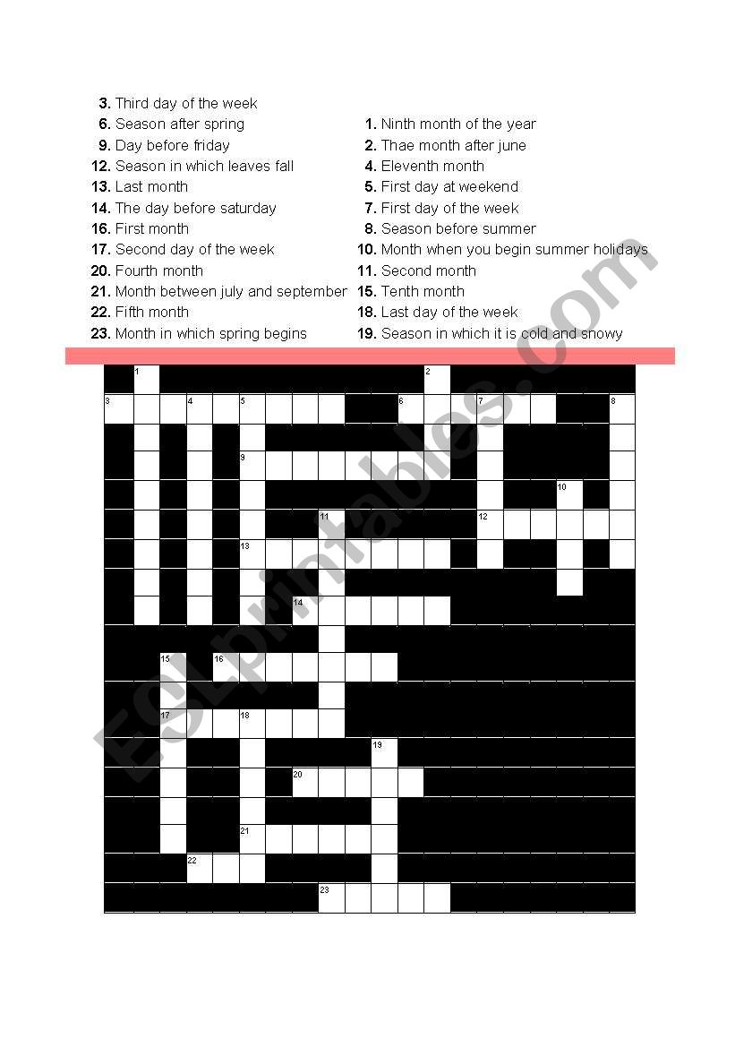 Days, months and seasons crossword