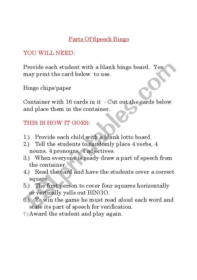 Pronoun Bingo worksheet