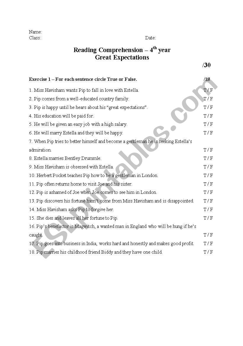 Quiz on Great Expectations worksheet