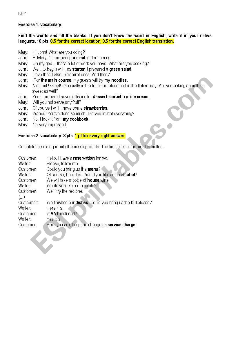 Key to test on food, modifiers, comparatives, superlatives, giving opinions, simple past and future.