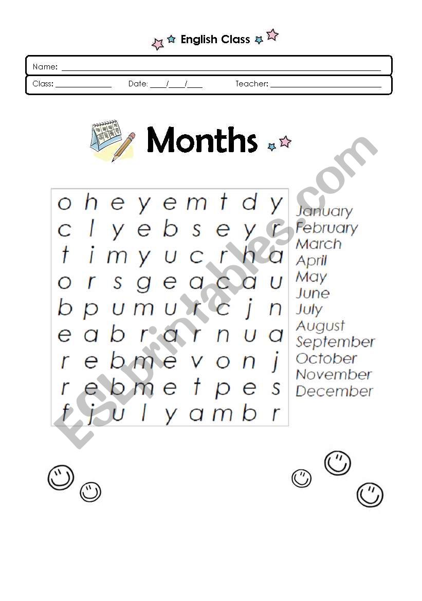 Months - wordsearch worksheet